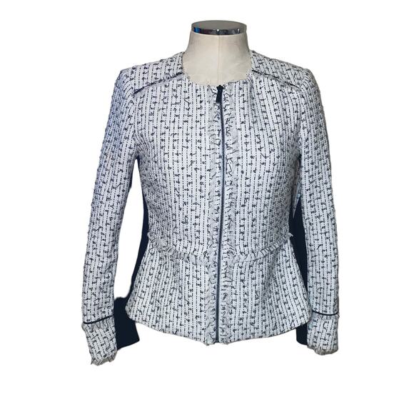 Karl Lagerfeld Paris White Fringe-Trimmed Tweed Zip Up Jacket Size Small - Picture 2 of 12